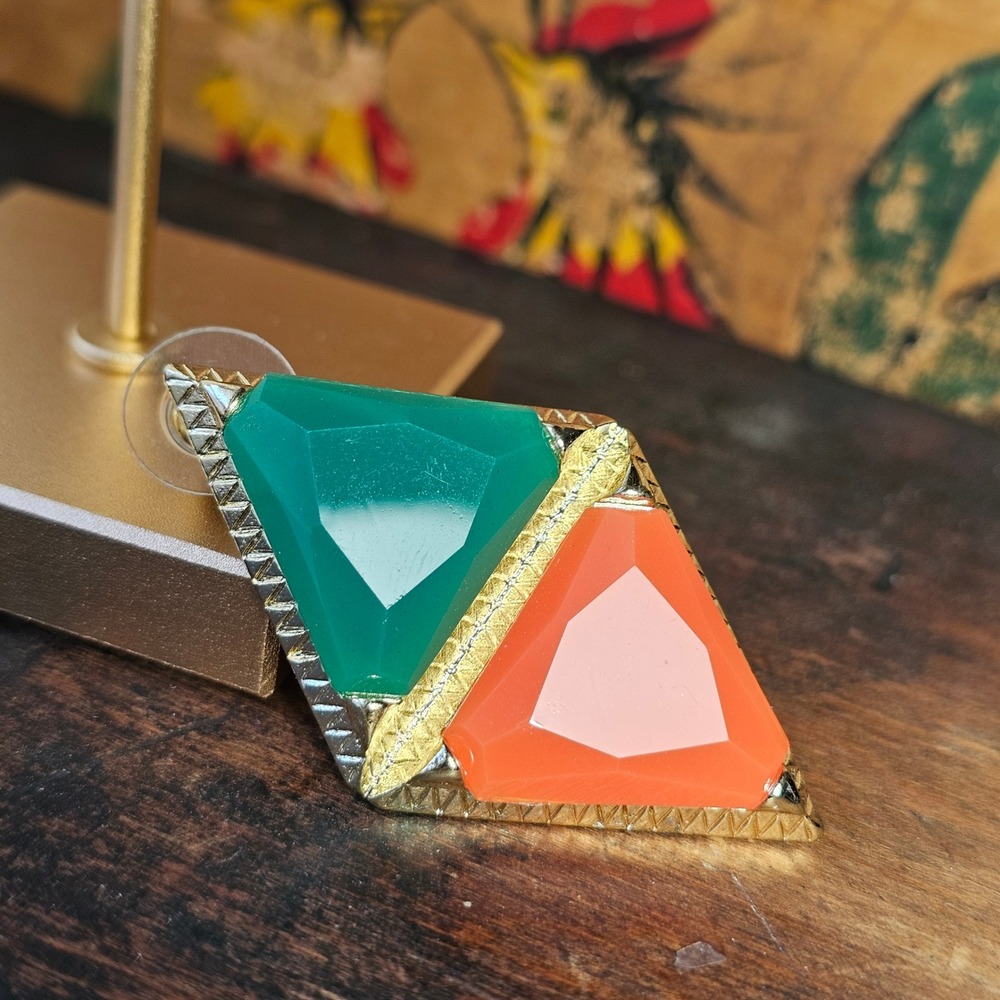 Green Orange Geometric Diamond Stud Post Earrings Women OS Colorblock Gold - Picture 5 of 5